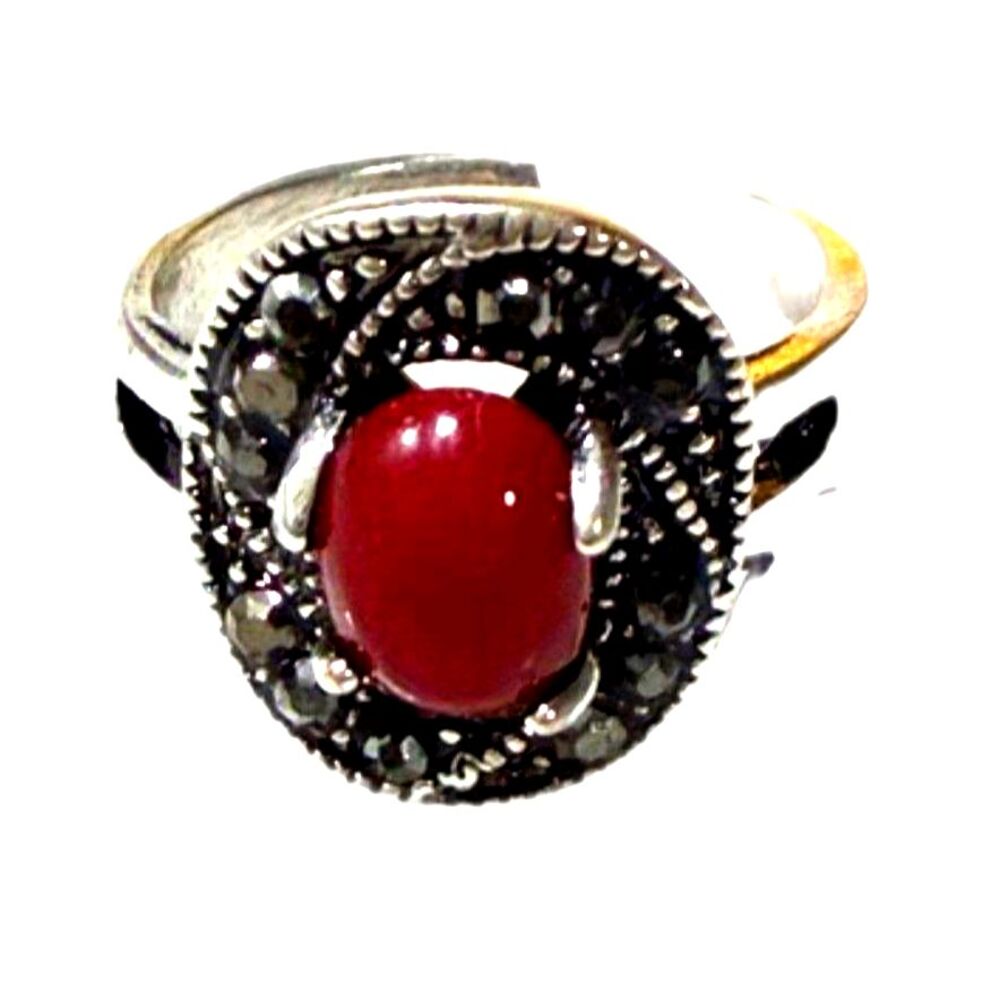 Vintage Style Red Cabochon Ring Silver Tone Marcasite Look Size 6 Statement Ring